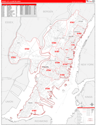 Jersey City Metro Area Wall Map Red Line Style 2024